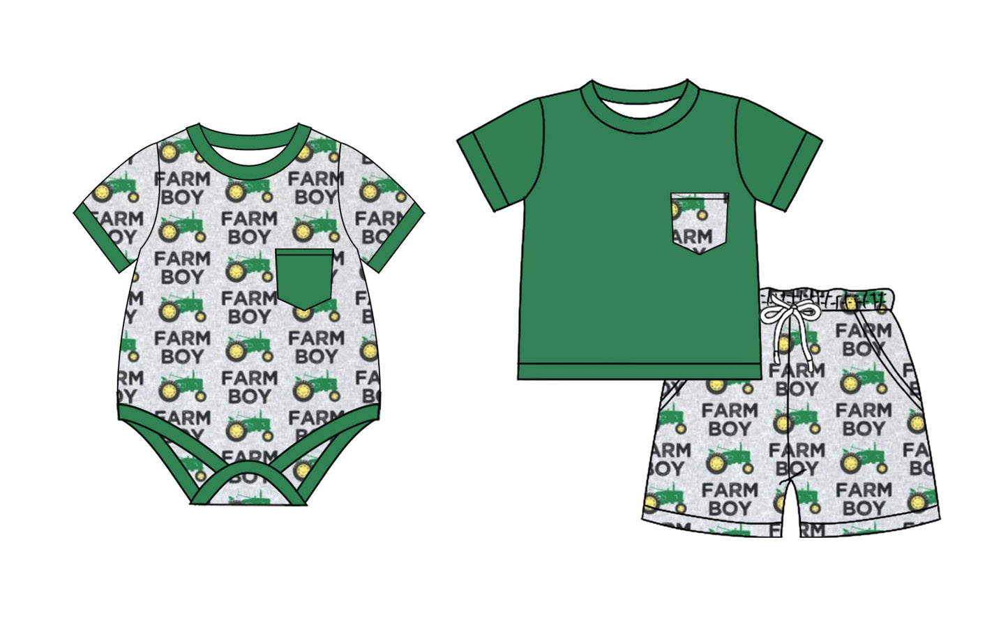 Baby Boy Farm Tractors Green Sibling Romper Set ( Moq 5 Each Style ) 2.11