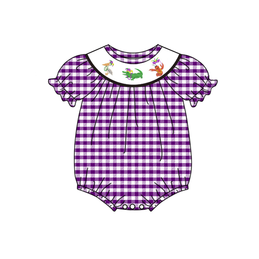 Baby Girl Infant Short Sleeves Mardi Gras Animals Purple Plaid Bubble Romper Moq 5