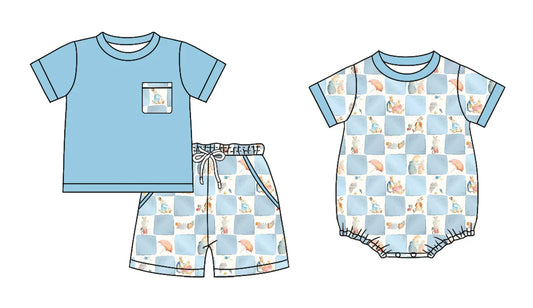 ( Moq 5 Each Style ) Baby Boys Rabbits Checked Sibling Easter Blue Romper Dress