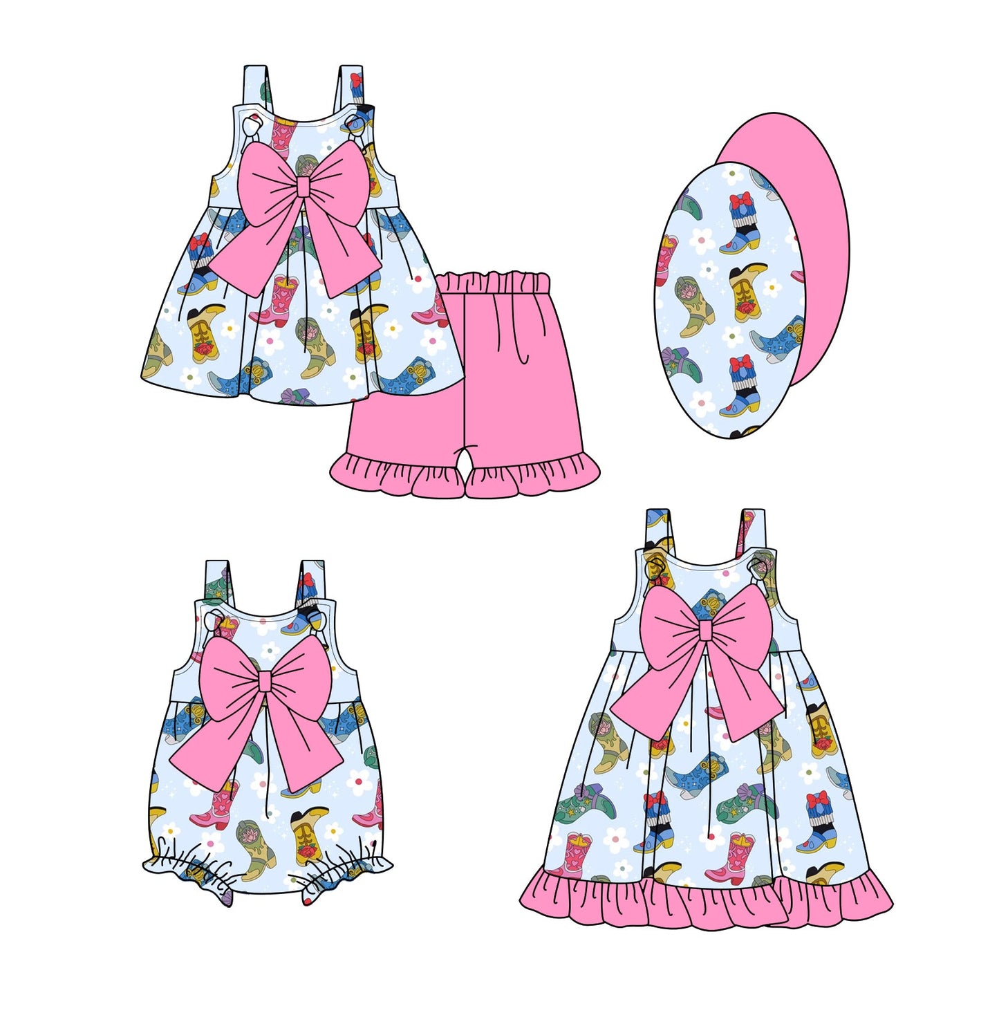 Baby Girl Western Boots Bows Sibling Romper Dress Set ( Moq 5 Each Style ) 2.20