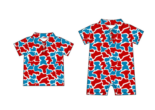 ( Moq 5 Each Style ) Baby Boy Short Sleeves Red Blue Camo Sibling Romper Shirt 3.24