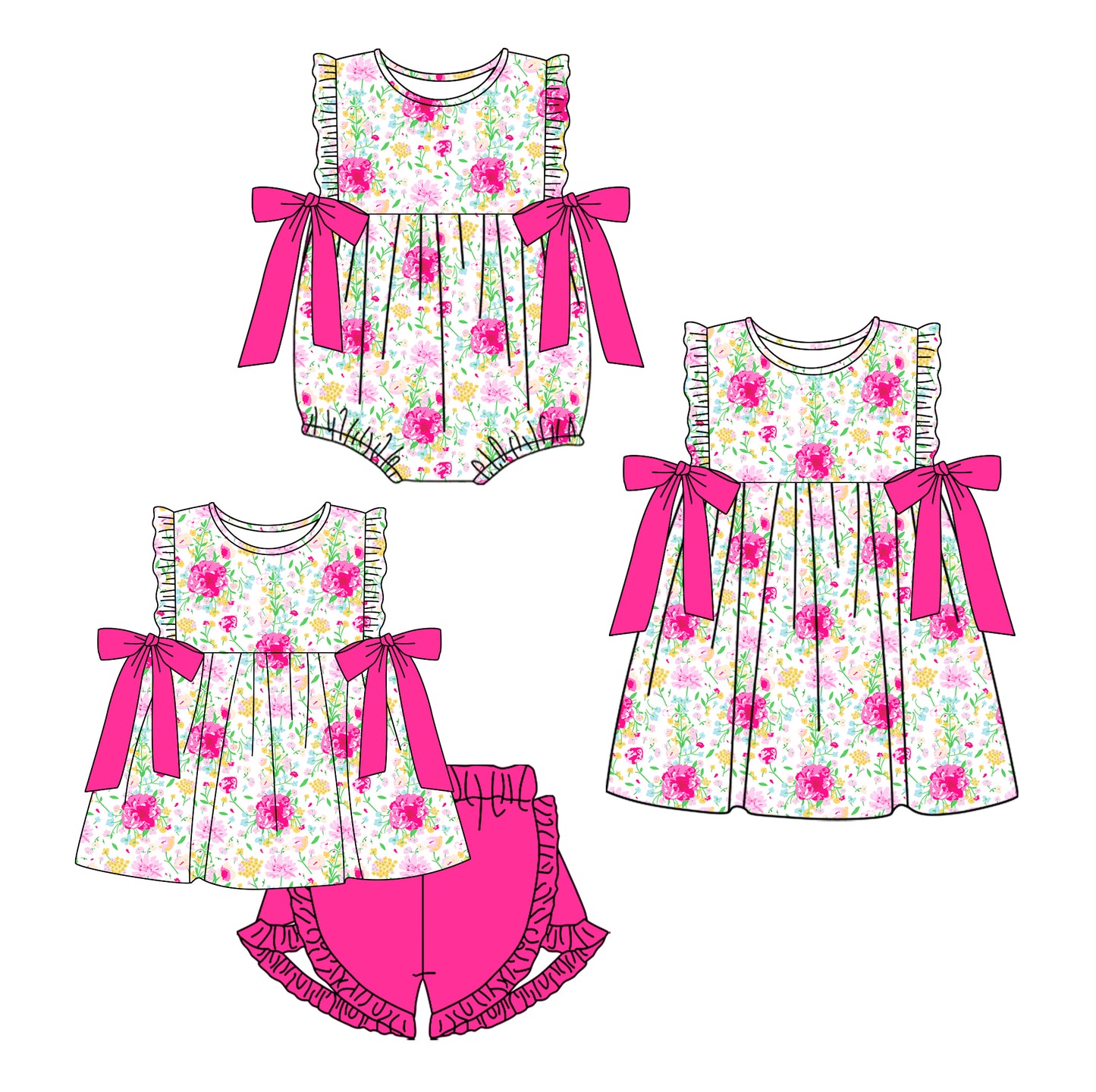 Baby Girl Flower Bows Sibling Romper Dress Clothes Set ( Moq 5 Each Design )