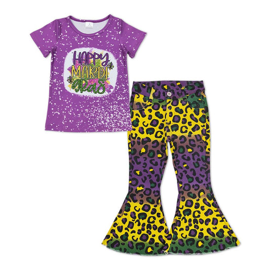 GSPO1251 Baby Girl Mardi Gras Shirt Leopard Colorful Denim Pants Set