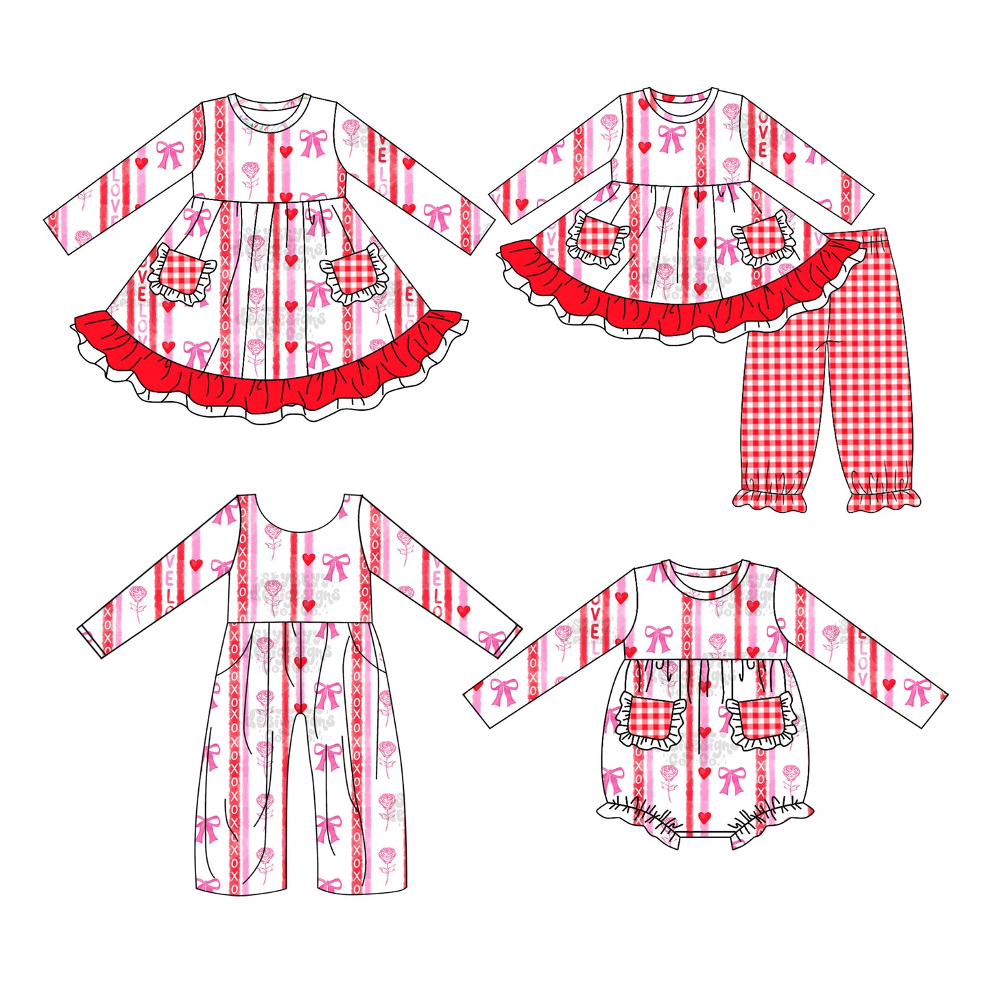 Baby Girl Valentine Heats Flower Sibling Matching Romper Jumpsuit Dress Clothes Set Moq 5 Each Design