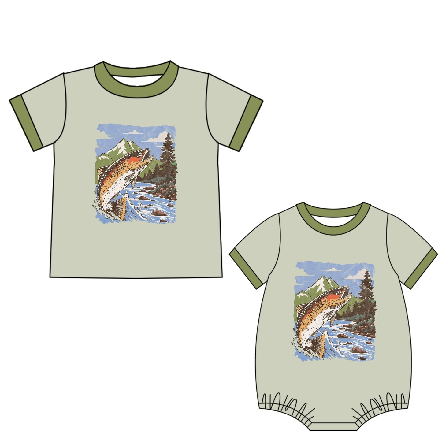 ( Moq 5 Each Style ) Baby Boy Short Sleeves Fish Sibling Green Romper Shirt 4.21