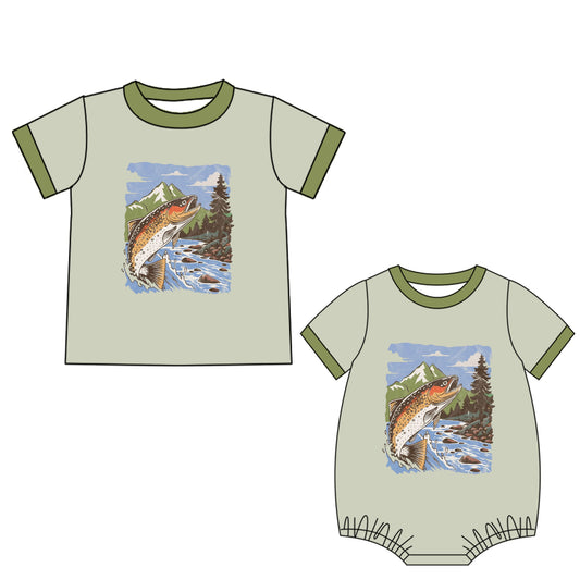 ( Moq 5 Each Style ) Baby Boy Short Sleeves Fish Sibling Green Romper Shirt 4.21