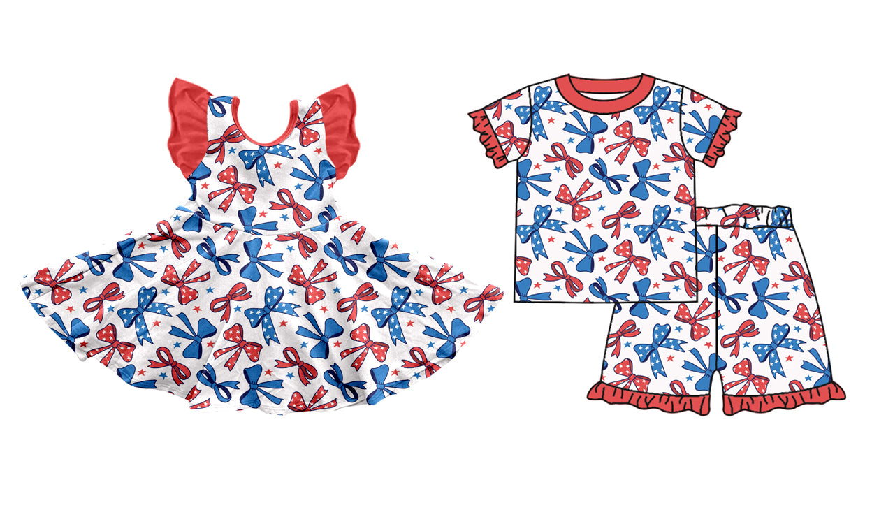 Baby Boy Girl Short Sleeves Bows July 4th Sibling Dress Clothes Set ( Moq 5 Each Design )11.27
