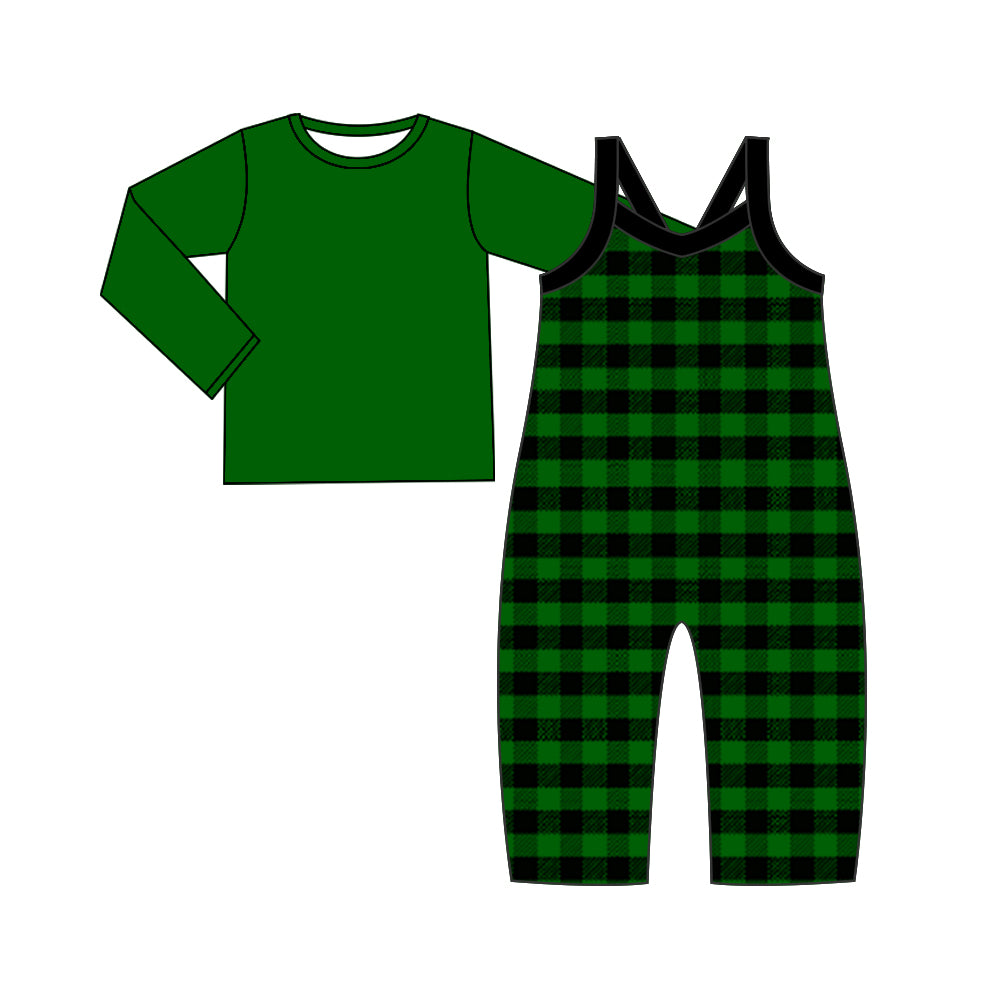 Baby Girl Toddler Long Sleeves Green Shirt Checkered Jumpsuit Set