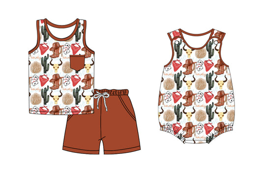 Baby Boy Western Cow Cactus Sibling Romper Set ( Moq 5 Each Style ) 2.13