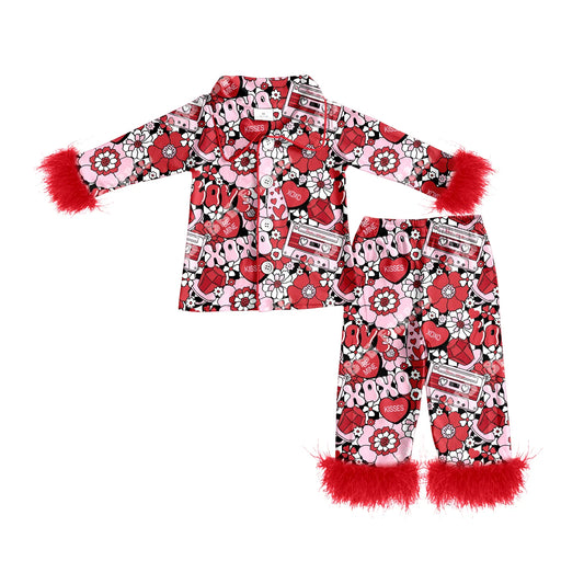 ( Moq 5 ) Baby Girls Fur Long Sleeves Hearts Flower Buttons Shirt Pants Valentines Pajamas Set