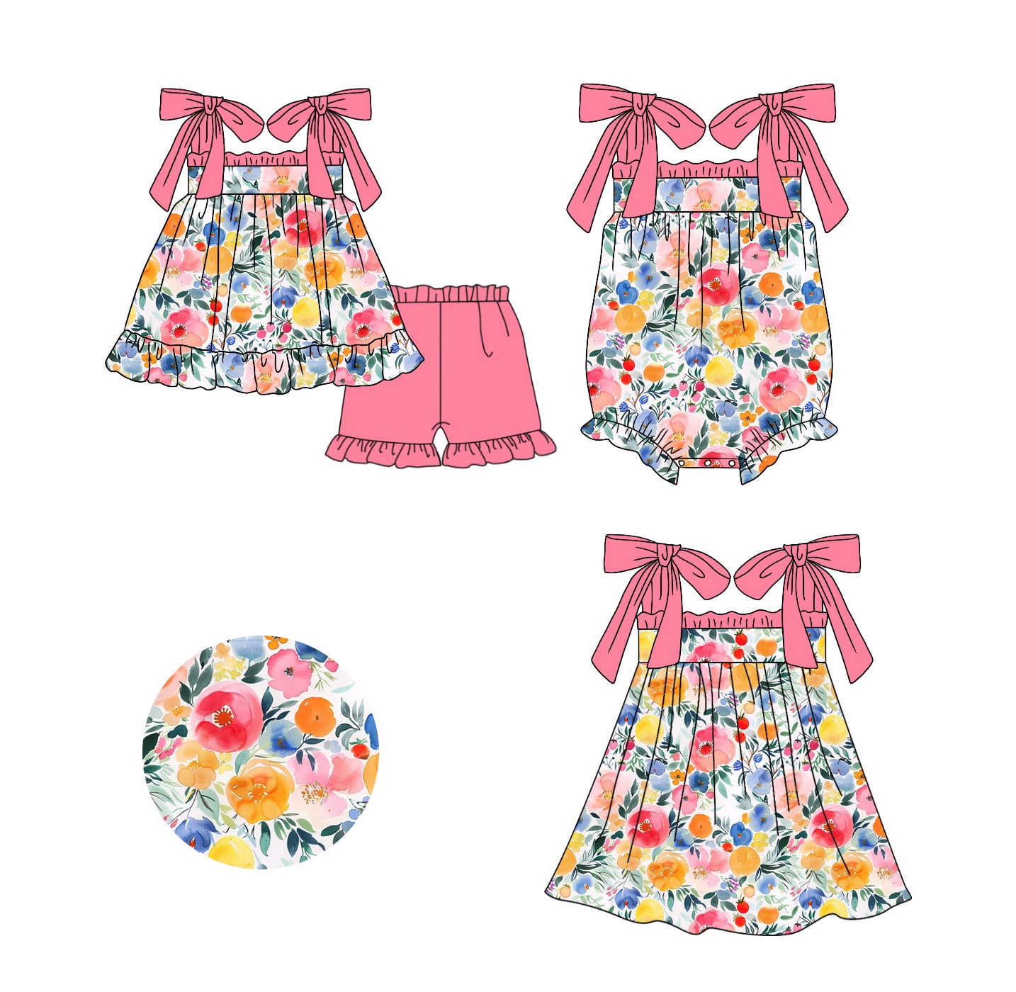 Baby Girl Flower Pink Sibling Matching Romper Dress Clothes Set ( Moq 5 Each Design )