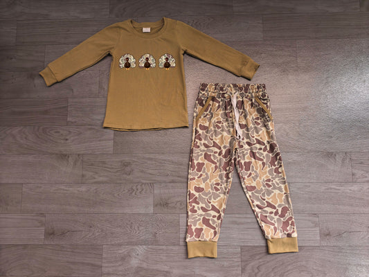 ( No moq ) Preorder Baby Boys Kids Embroidery Camo turkey Shirt Pockets Jogger Pants Fall Set
