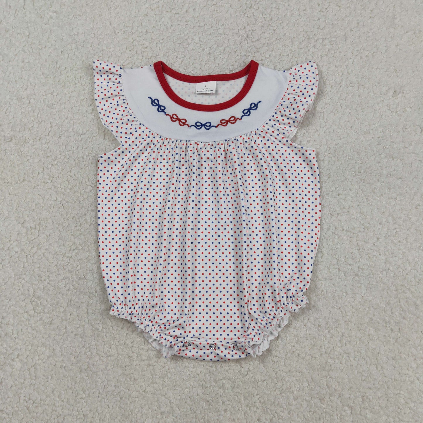 Baby Girls Kids Short Sleeves Embroidery Red Blue Bows Dots 4th of July Bubble Romper