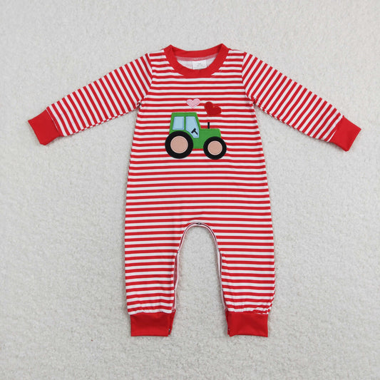 LR0846 Baby Boy Long Sleeves Valentine's Day Embroidery Tractor Hearts One Piece Romper