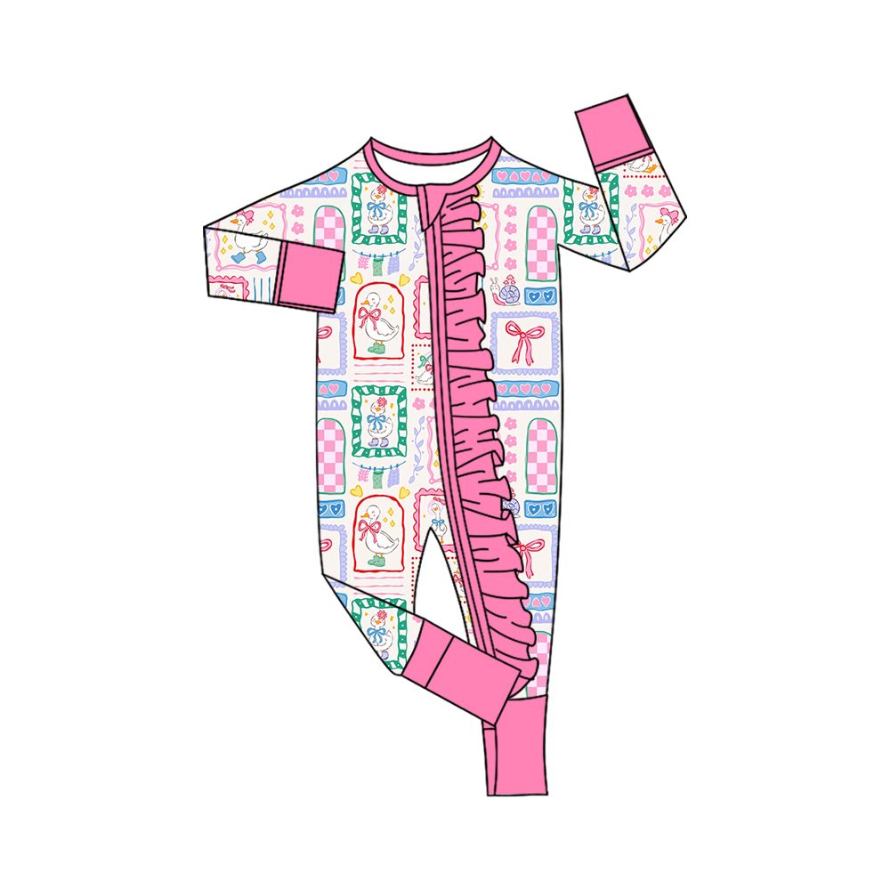 ( Moq 5 ) Preorder Baby Girls Kids Long Sleeves Goose Bows Ruffle Zipper Footie Sleeper Romper