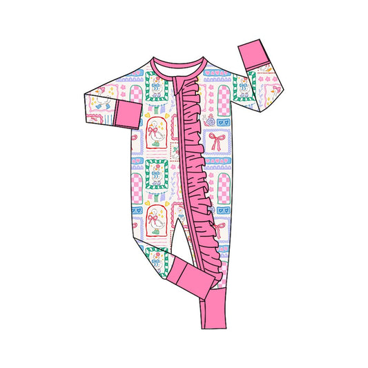 ( Moq 5 ) Preorder Baby Girls Kids Long Sleeves Goose Bows Ruffle Zipper Footie Sleeper Romper