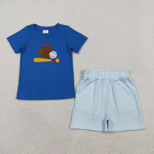 Baby Boys Blue Short Sleeves Embroidery Baseball Shirt Stripes Pockets Shorts Set RTS