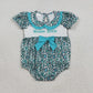 Baby Girls Embroidery Smocked Mama's Bestie Turquoise Print Green Bows Western Summer Bubble Romper RTS