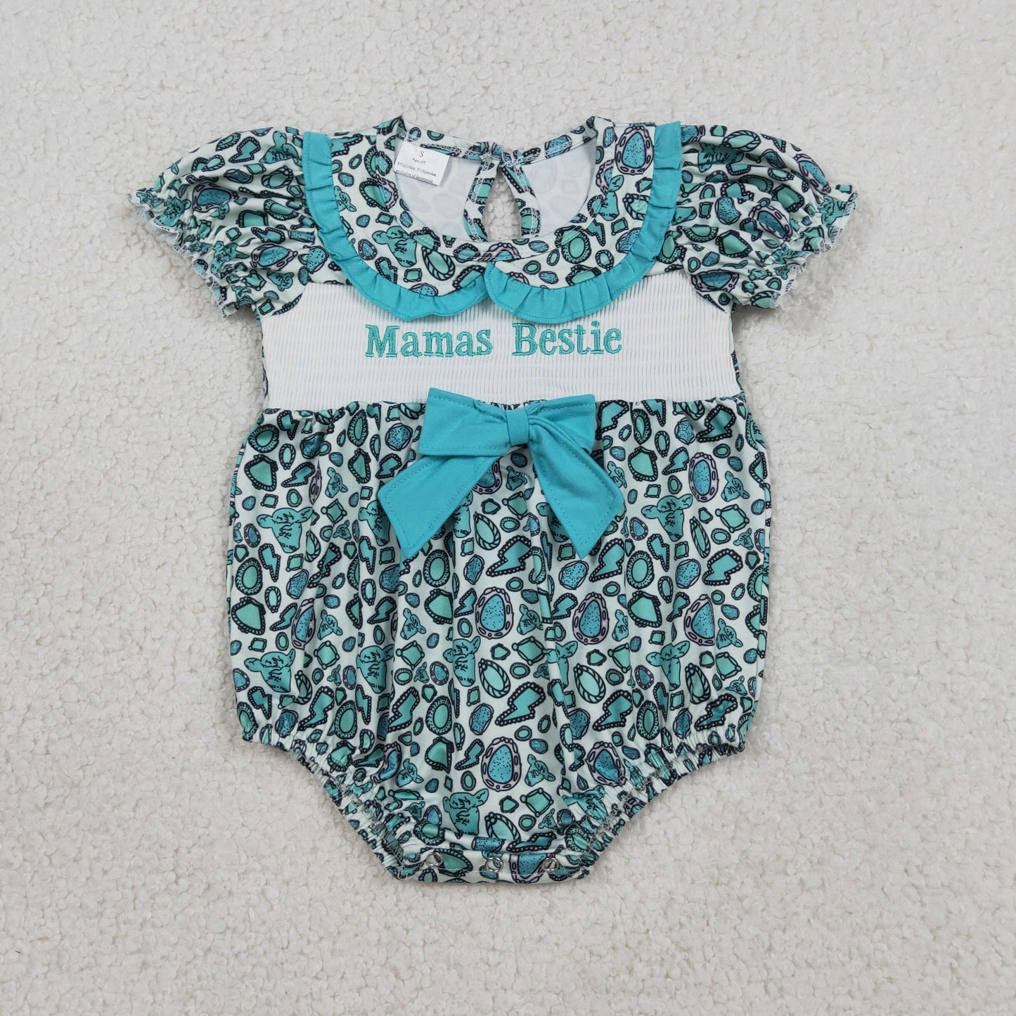 Baby Girls Embroidery Smocked Mama's Bestie Turquoise Print Green Bows Western Summer Bubble Romper RTS