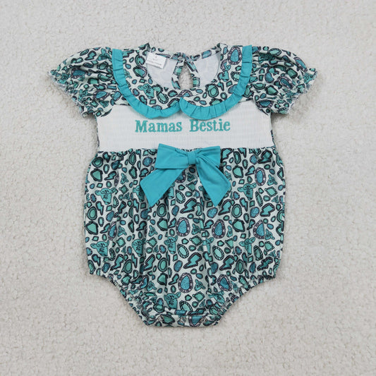 Baby Girls Embroidery Smocked Mama's Bestie Turquoise Print Green Bows Western Summer Bubble Romper RTS