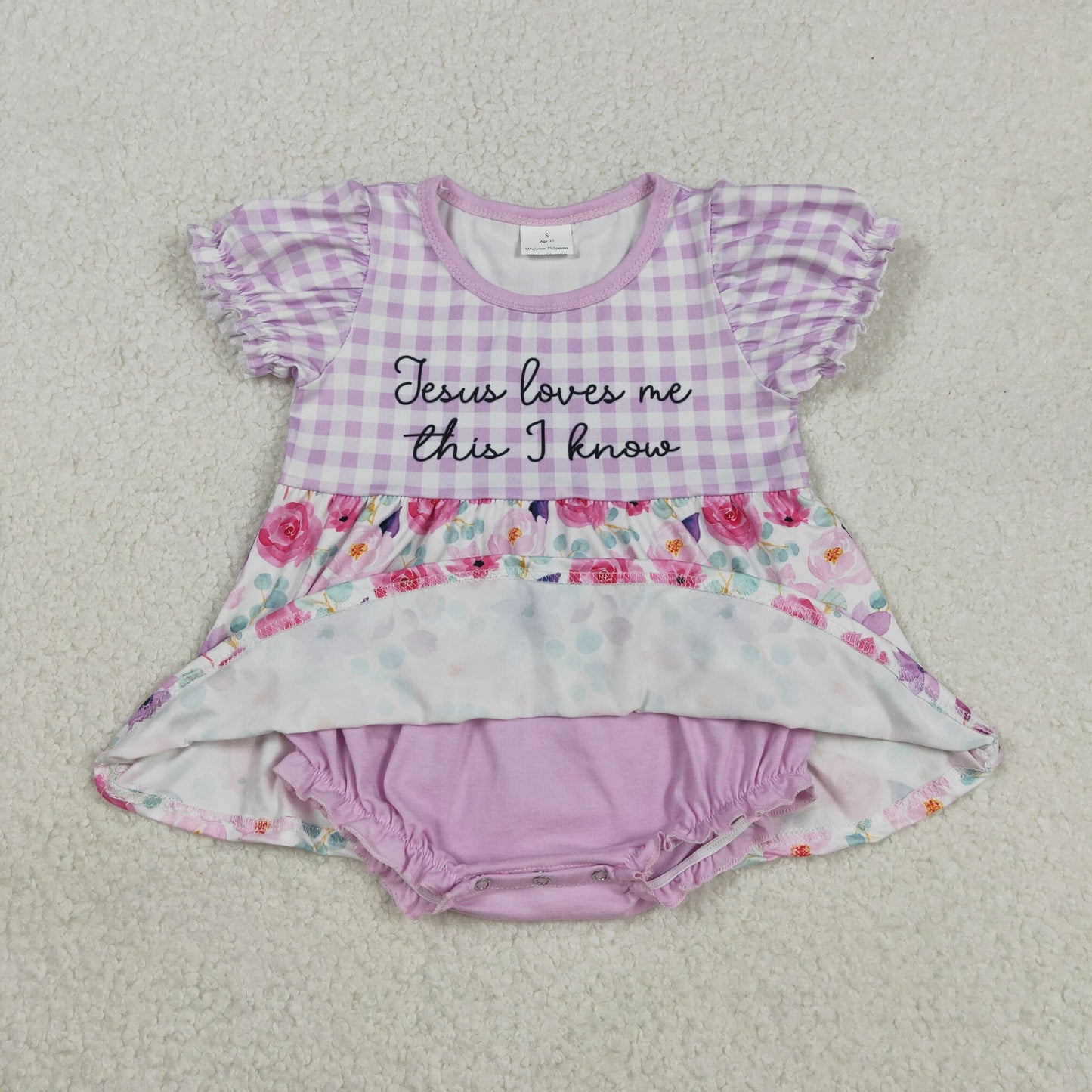 Baby Girls Short Sleeves Purple Plaid Flower Jesus Love Me Romper RTS