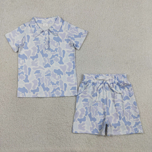 Baby Boys Kids Short Sleeves Buttons Shirt Blue Camo Pockets Shorts Set Clothes RTS