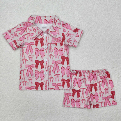 Adult Women Short Sleeves Bows Pocket Buttons Shirt Shorts Pink Pajamas Set