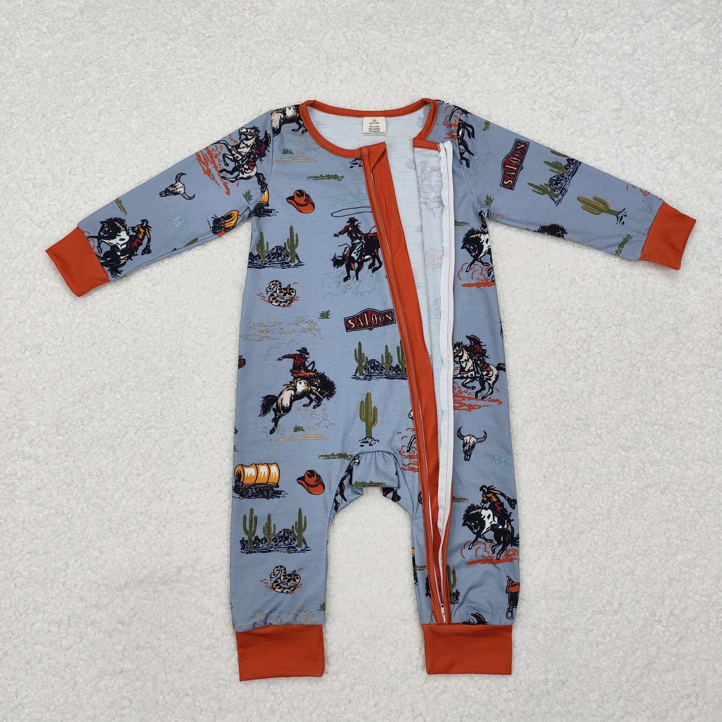 Baby Boy Infant Long Sleeves Western Rodeo Zipper Bamboo Romper