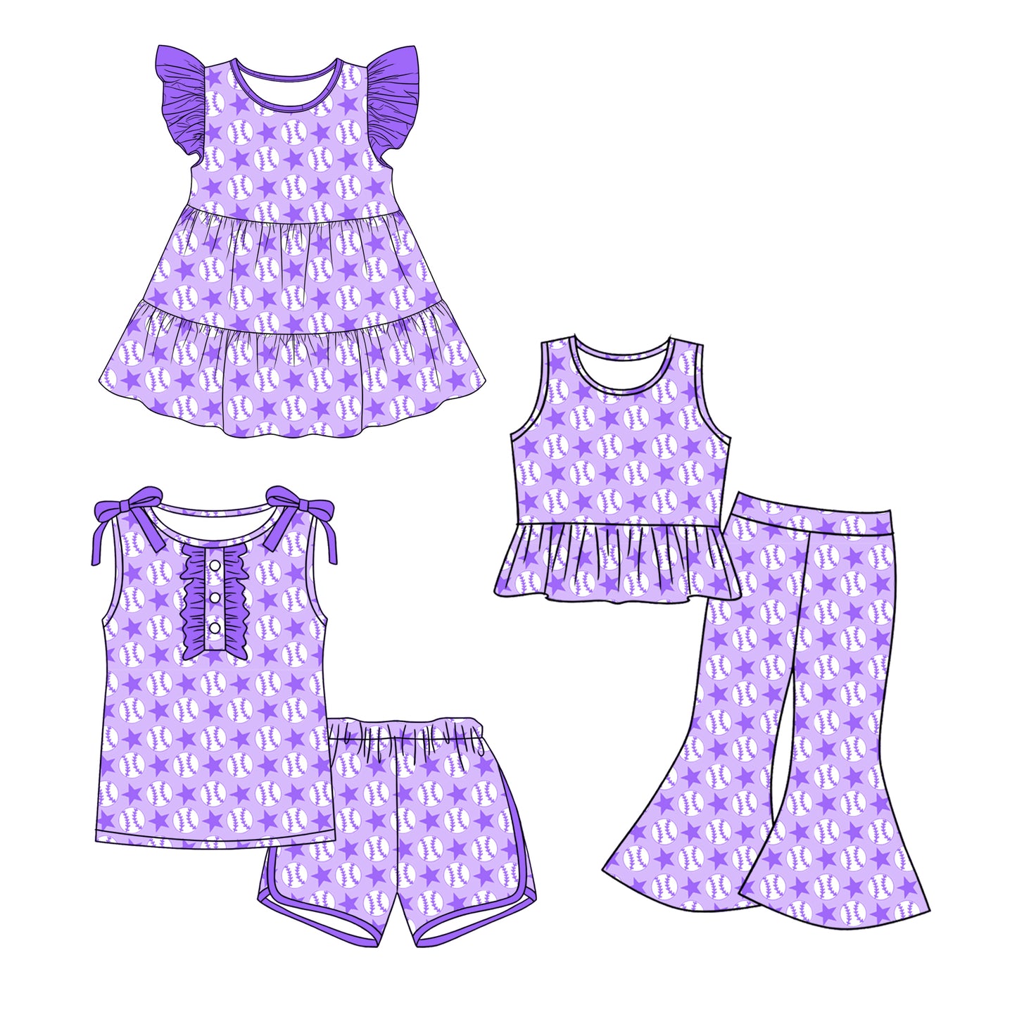 ( Moq 5 Each Style ) Sibling Baby Girls Toddler Baseball Stars Purple Dress Sets