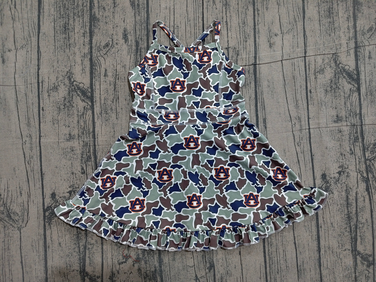 ( No moq ) Preorder Baby Girls Kids Straps Green Camo Print Team Yoga Ruffle Knee Length Dress
