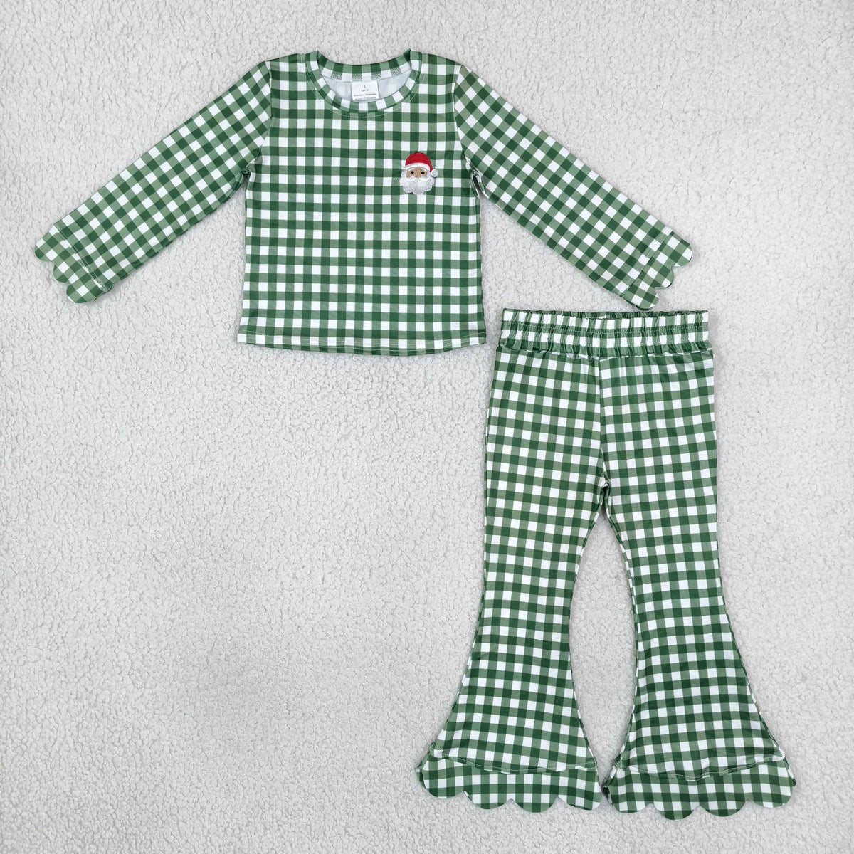 Baby Girls Kids Embroidery Christmas Santa Scallop Tops Green Plaid Scalloped Pants Set Clothes RTS