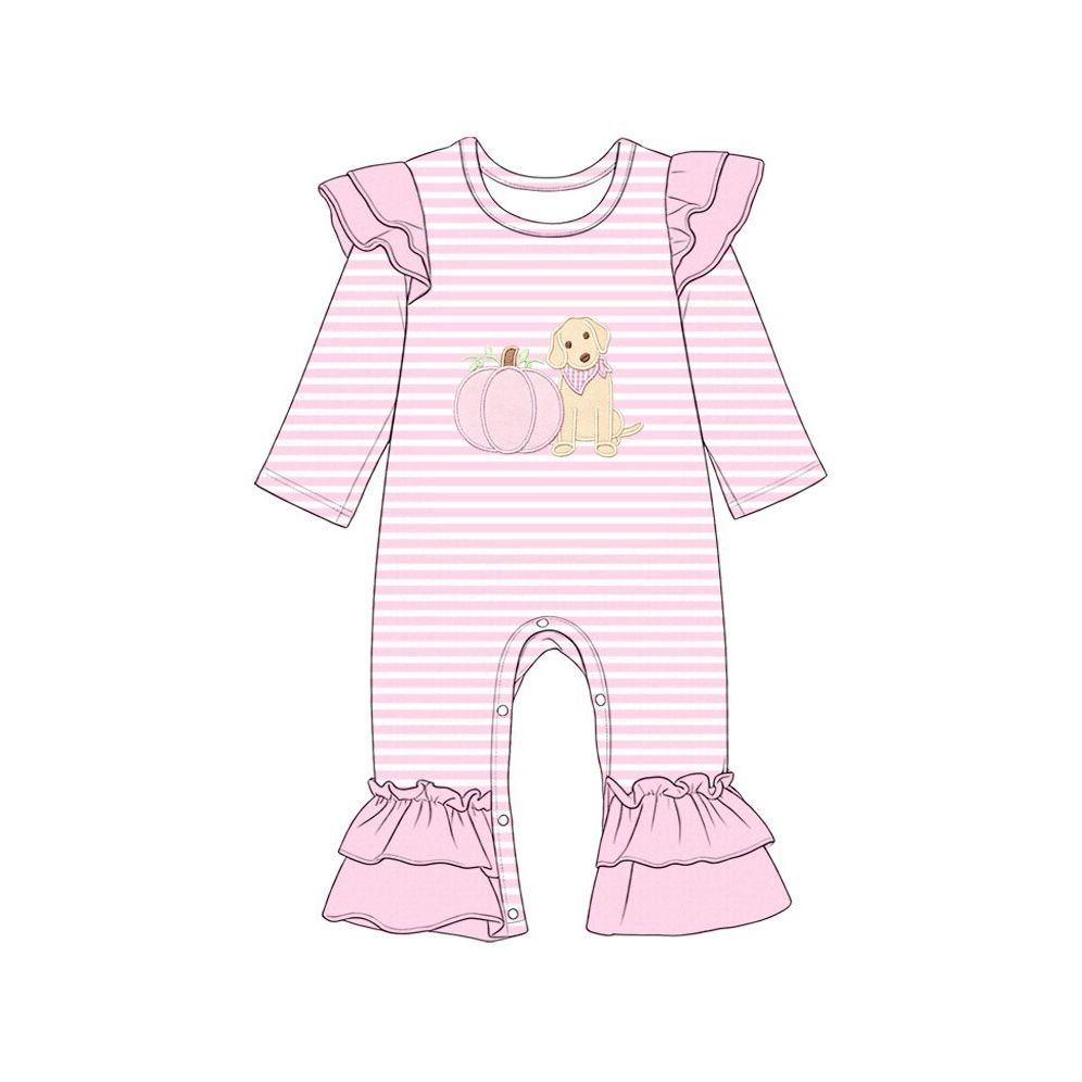( Moq 5 ) Preorder Baby Girl Kids Pumpkins Dog Pink Stripes Fall Romper Clothes