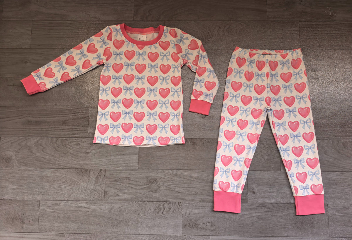 ( No moq ) Preorder Baby Girls Kids Hearts Bows Shirt Pants Set Pajamas Valentine Clothes