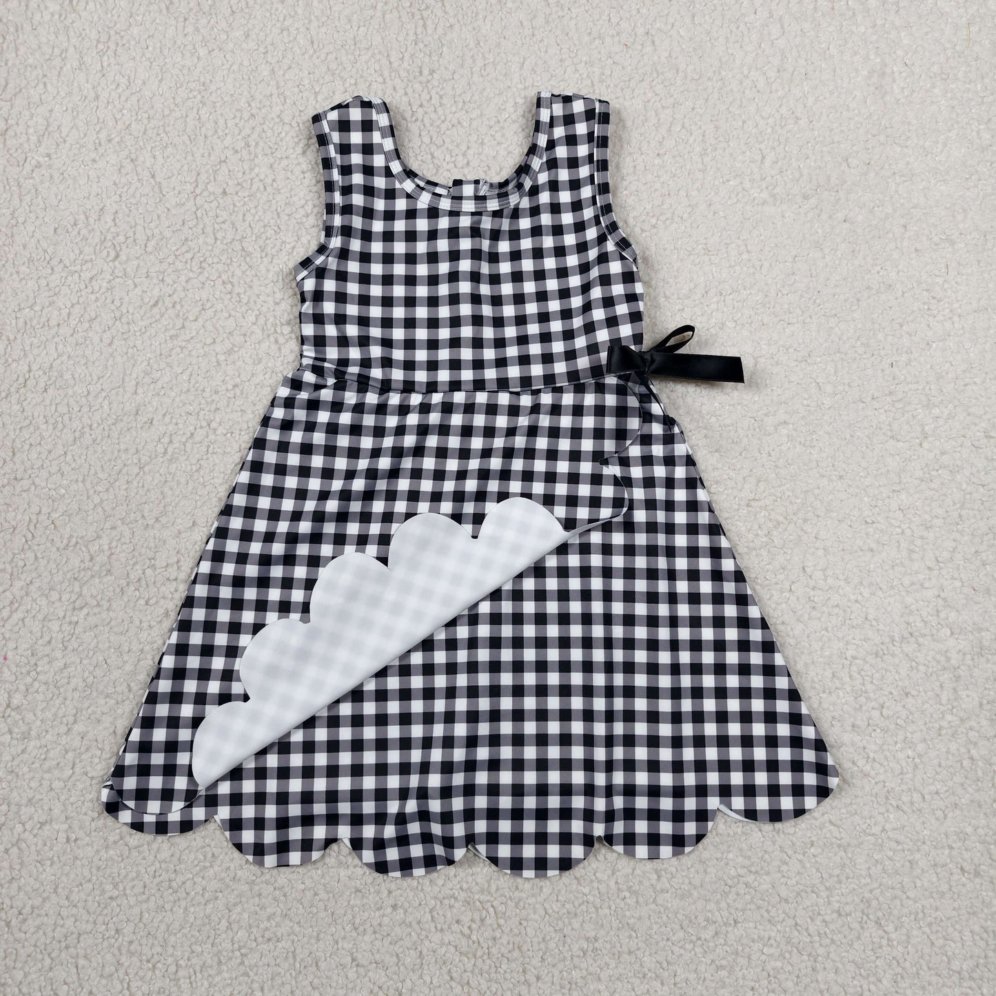 Baby Girls Kids Sleeveless Black Plaid Scallop Yoga Knee Length Dress RTS