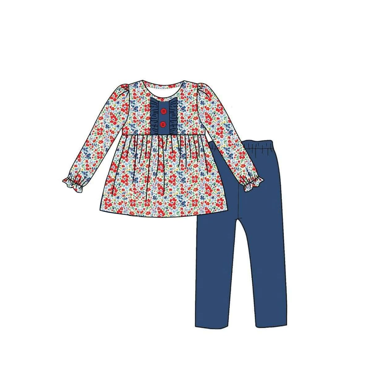( Moq 5 ) Preorder Baby Girls Kids Long Sleeves Floral Buttons Tunic Blue Pants Set Clothes