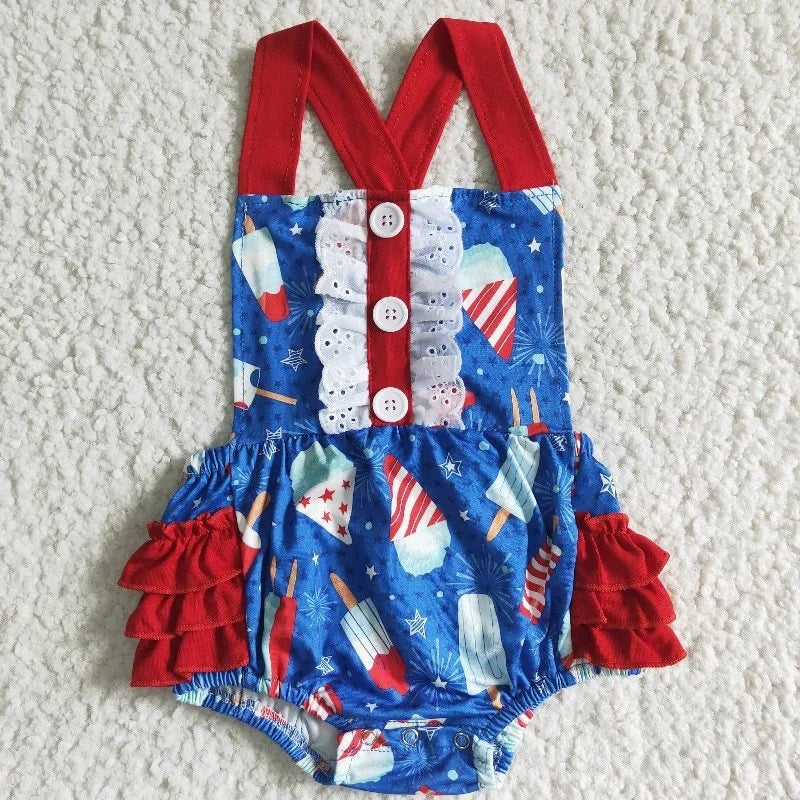 Baby Girl Sleeveless Popsicle July 4th Bubble Blue One Piece Summer Romper