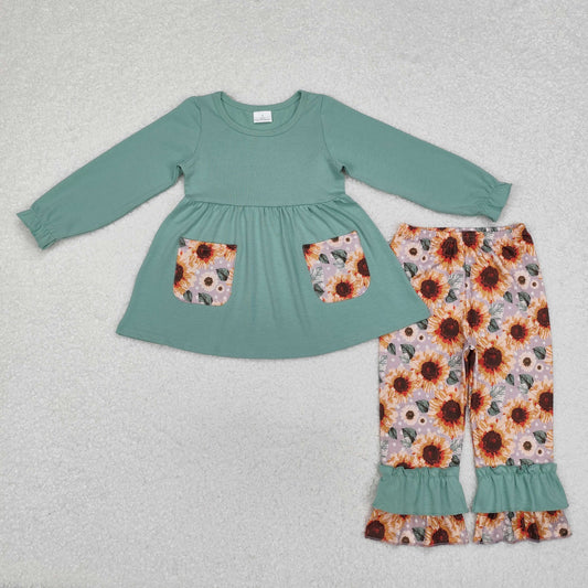 Baby Girl Long Sleeves Green Pocket Tunic Sunflower Ruffle Pants Set