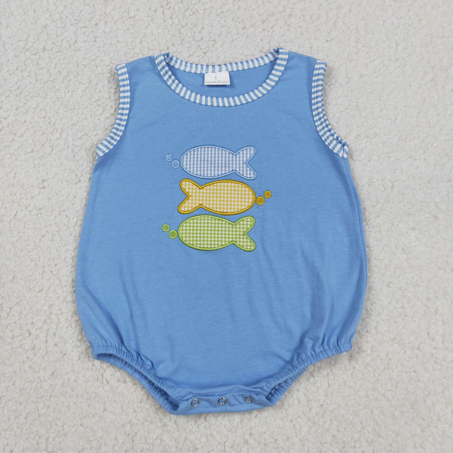 Baby Boys Infant Sleeveless Embroidery Fish Blue Bubble Summer Romper RTS