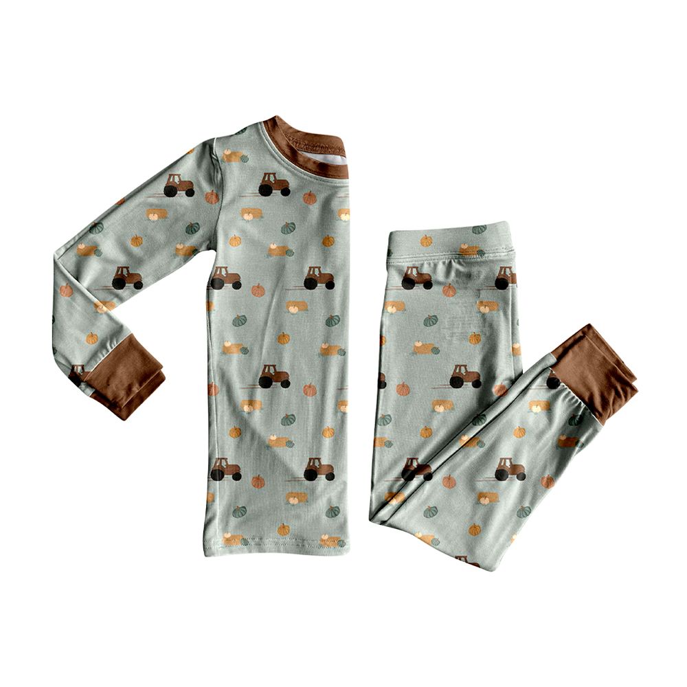 ( Moq 5 ) Preorder Baby Boys Kids Long Sleeves Pumpkins Tractors Shirt Pants Set Pajamas Fall Clothes