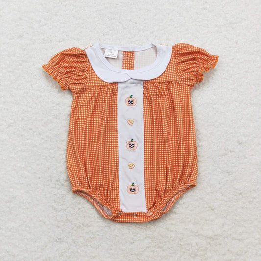 Baby Girl Orange Plaid Embroidery Pumpkin Bubble Romper