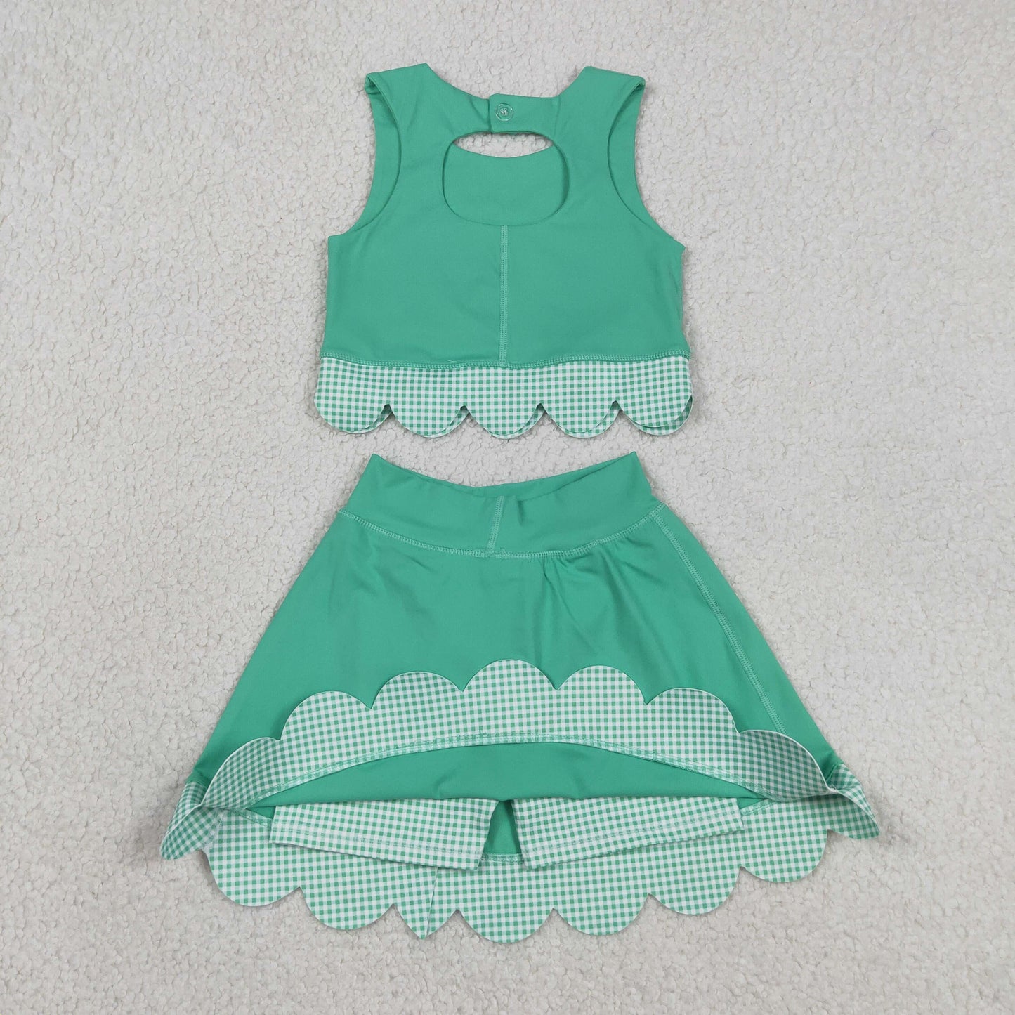 Sibling Baby Girls Kids Green Plaid Bows Skort Yoga Active Dress Set Scallop Clothes RTS