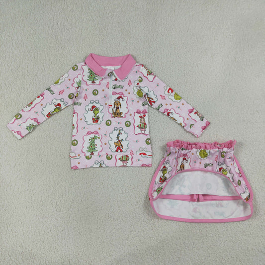Baby Girls Kids Christmas Bows Face Zipper Pullover Skirt Shorts Pink Set Clothes RTS
