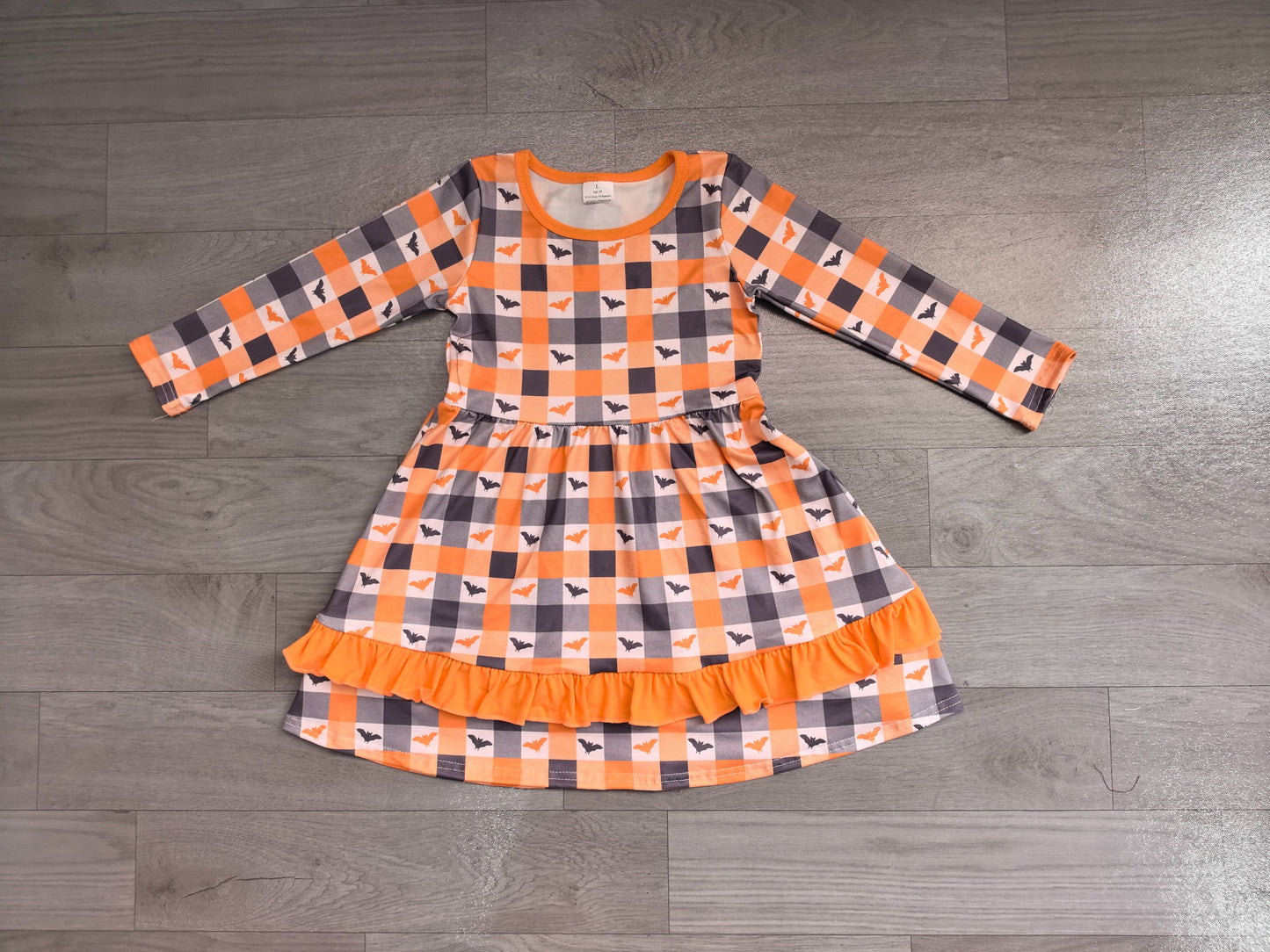 ( No moq ) Preorder Baby Girls Kids Long Sleeves Bats Plaid Halloween Knee Length Dress