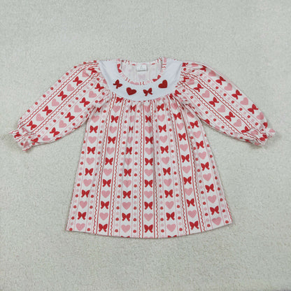 Sibling Baby Girl Long Sleeves Embroidery Red Hearts Bows Valentine's Day Romper Dress RTS