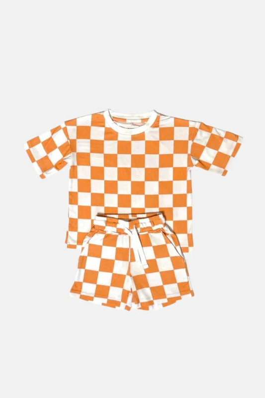 ( Moq 5 ) Baby Girl Short Sleeves Orange Plaid Shirt Pockets Shorts Pajamas Set