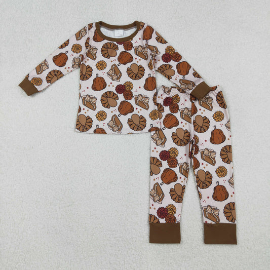 Girls Kids turkey Long Sleeves Pumpkins turkey Bows Pie Shirt Pants Fall Thanksgiving Pajamas Set