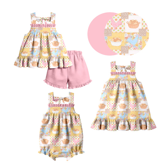 ( Moq 5 Each Style ) Baby Girls Kids Sleeveless Chicken Flower Eggs Sibling Romper Dress Set