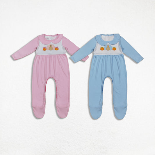 Sibling Boys Girls Infant Long Sleeves Embroidery turkey Pumpkins Thanksgiving Footies Romper RTS