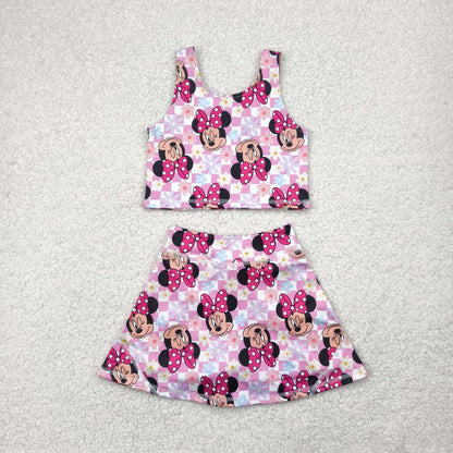 Baby Girl Sleeveless Mouse Flower Checked Skorts Sibling Yoga Active Set Dress RTS