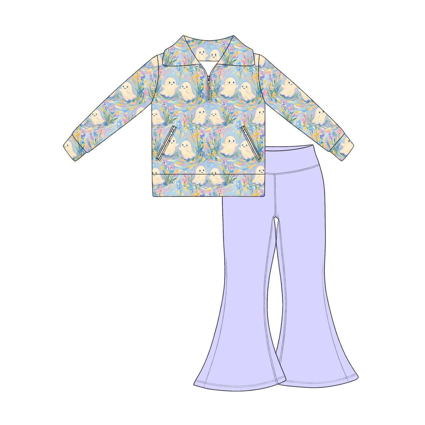 ( Moq 5 ) Preorder Baby Girls Kids Ghosts Flower Zipper Pockets Tops Purple Pants Set Halloween Clothes